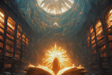 A magical book in an enchanted library