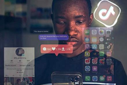 a man standing with visual images of social media surrounding him